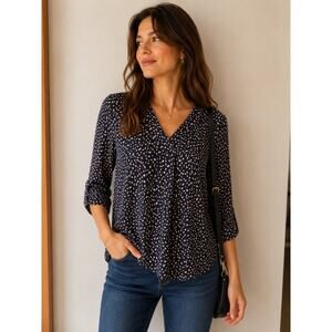 Beacon Navy Speckled V Neck Roll Tab Blouse XL